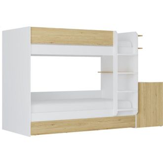 Vente-Unique Letto a castello con cassetto letto a scomparsa e 2 scrivanie 3 x 90 x 190 cm Bianco e Naturale - DOMATI