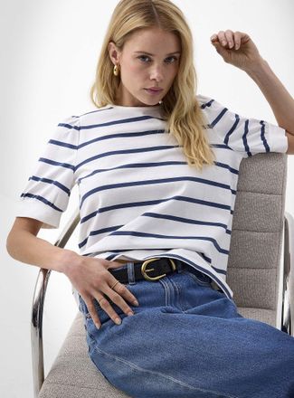 Vero Moda Womens Blue striped puff-sleeve T-shirt