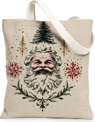 Generic Christmas Santa Vintage Canvas Tote Bags, Rustic Winter Holiday Reusable Grocery Bags, Lightweight Washable Shoulder Strap, Beige, 13x15 Inch