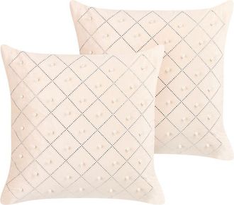 Beliani Conjunto De 2 Cojines De Terciopelo Beige Plateado 45 X 45 Cm Glamour Yarrow