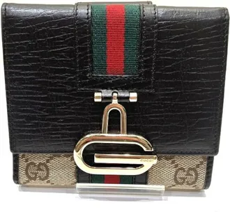 Gucci Brown Leather Canvas Wallet (Tri-Fold) (Pre-Owned)