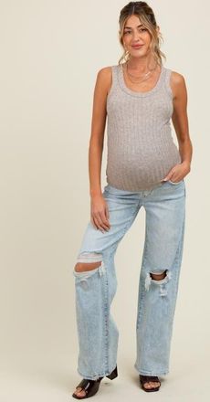 Pinkblush Blue Distressed Open Knee Wide Leg Maternity Jeans in Light Blue at Nordstrom, Size 28 29