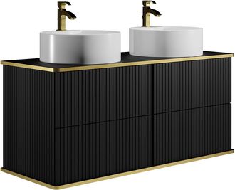 Vente-Unique Mueble de baño suspendido estriado con ribete dorado y dos lavabos redondos - Negro - 120 cm - KELIZA
