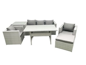 Fimous Garden Dining Set Outdoor Rattan Furniture Set with Sofa Dining Table 2 Chairs Big Footstool Side Table Light Grey Mixed