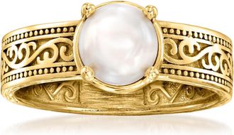 Ross-Simons 6.5-7mm Cultured Pearl Scrollwork Ring in 18kt Gold Over Sterling