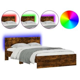 Berkfield Home Bed Frame with Headboard & LED Smoked Oak 140x190 cm in Brown