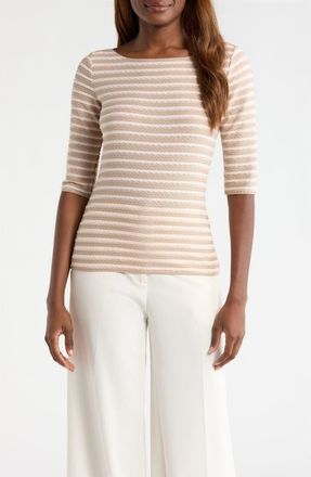 Emporio Armani Stripe Elbow Sleeve Top in Cappuccino at Nordstrom, Size Xx-Large