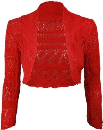 Generic New Ladies Womens Long Sleeve Crochet Bolero Shrug Plain Cropped Knitted Open Cardigan Tops 8-14 Red