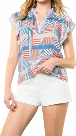 THML Clothing Flag Flutter Sleeve Blouse In Red, Blue