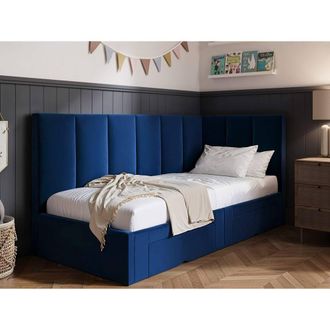 Flair Harley Corner Fabric Bed Frame with Storage Drawers in Blue | Size: Single