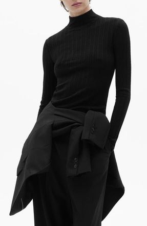 Mango Mock Neck Long Sleeve Rib Top in Black at Nordstrom, Size Small