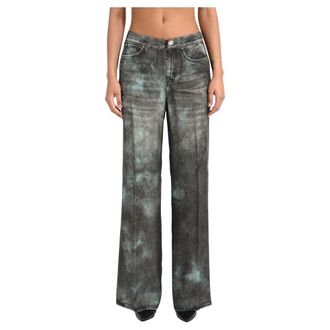 Pinko Wide Jeans, female, Gray, Size: M Wide-leg trousers with trompe-loeil print