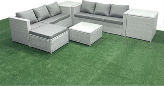 Fimous Rattan Garden Outdoor Furniture Set 7 Seater Rattan Garden Sofa Set with Big Footstool 2 Side Tables Light Grey Mixed - Fimous