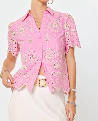 Current Air Eyelet Embroidery Short Sleeve Shirts In Pink