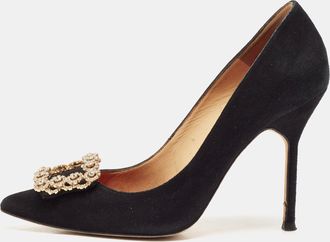 Carolina Herrera Black Suede Crystal Embellished Pointed Toe Pumps