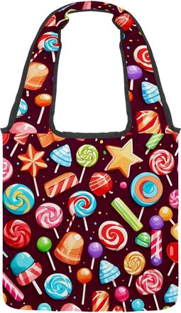 Generic Red Candy Pattern Reversible Canvas Shoulder Tote - Double-Sided Print, 12oz Cotton, 27cm Drop, Fold-Flat Bag for Travel, Shopping, Street Outings