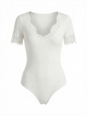 Self Portrait Lace Trim Knit Bodysuit