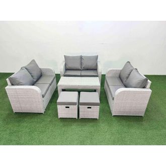 Fimous 8 Seater pe Wicker Rattan Furniture Sofa Sets with Oblong Coffee Table 2 Seater Love Sofa 2 Stool Light Grey - Fimous