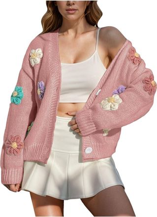 Generic 3D Floral Embroidered Cardigan Sweaters for Women Open Front Outfit Sweater Clothes for Ladies Fashion Cardigans Long Sleeve Tops Button up Sweater Co