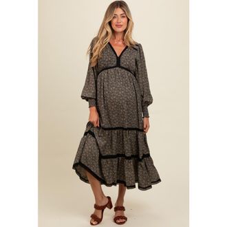 Pinkblush Floral Lace Trim Bubble Sleeve Maxi Dress in Black at Nordstrom, Size Small