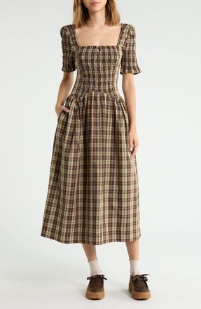 Damson Madder Emmy Check Organic Cotton Dress in Cocoa at Nordstrom, Size 14