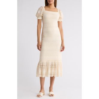 Eliza J Puff Sleeve Square Neck Midi Dress in Natural at Nordstrom Rack, Size 14