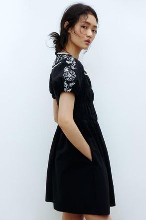 H&M Embroidered Poplin Dress in Black/flowers at Nordstrom, Size Xx-Small