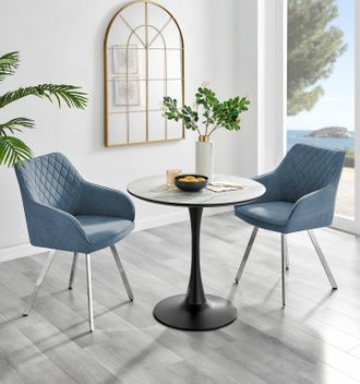 Furniturebox Elina White Marble Effect Scratch Resistant Dining Table & 2 Falun Silver Leg Fabric Chairs in Blue
