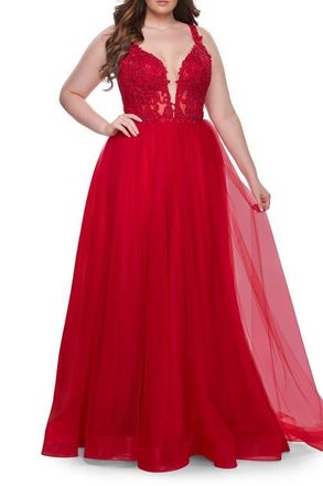 La Femme Deep V Plus Size Tulle Dress with Lace Illusion Bodice in Red at Nordstrom, Size 18W