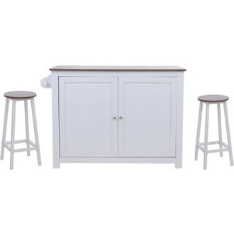 Hhg [NON UTILIZZATO] Isola cucina HHG-683 con 2 sgabelli, credenza con sportelli con ripiani MDF 90x120x45 cm, bianco, effetto marmo nero