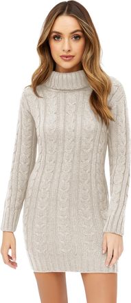 Janisramone Ladies Polo Neck Cable Knit Jumper Dress, Mini Bodycon Pullover, Long Sleeve Turtleneck Womens Sweater, Winter Knitted Casual & Party Wear Stone