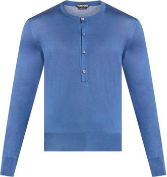 Tom Ford Round-neck Knitwear, male, Blue, XL, Silk Long Sleeve Henley