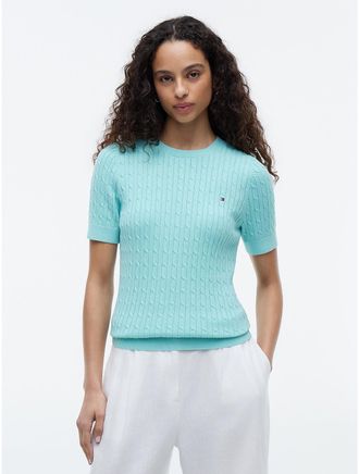 Tommy Hilfiger Womens Short-Sleeve Cable Knit Sweater - Green - XXS