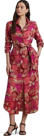 Lauren Ralph Lauren Petite Floral Checked Linen Shirtdress Womens Dress Red/Pink : 10P