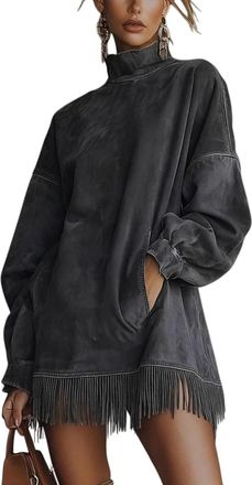 Generic Womens Olive Faux Suede Turtleneck Dress - Elegant with Fringe Hem, Casual Short Sleeveless Shift Dress for Fall Winter (Black,S)