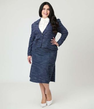 Unique Vintage Plus Size Tweed Tina Trumpet Skirt in Navy Tweed at Nordstrom, Size 1X