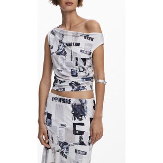 Desigual Newspaper Print One-Shoulder Top in White at Nordstrom, Size Small