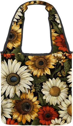 Generic Vintage Sunflowers Reversible Canvas Shoulder Tote - Double-Sided Print, 12oz Cotton, 27cm Drop, Fold-Flat Bag for Travel, Shopping, Street Outings
