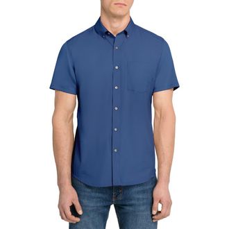 W.R.K Hudson Reworked Slim Fit Solid Short Sleeve Cotton Button-Up Shirt in Med Blue at Nordstrom, Size Xx-Large
