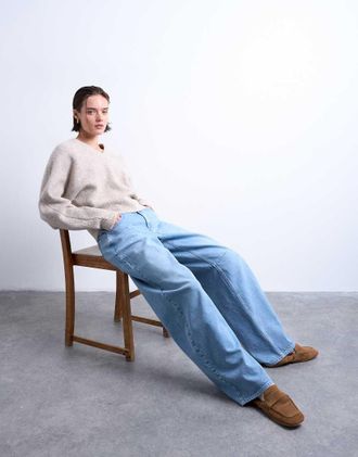 Topshop Maglione color avena con scollo a V alto e coste orizzontali-Neutro