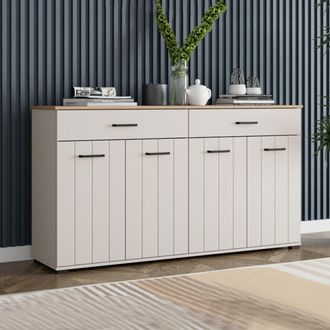 Dmora Alacena Quarna, Aparador 3 Estantes, 2 Cajones, 4 Puertas, 156x40x86h Cm Blanco Crema