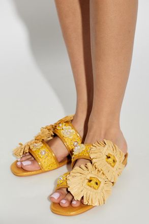 Kurt Geiger Raffia Buckle Slides, Womens, Yellow
