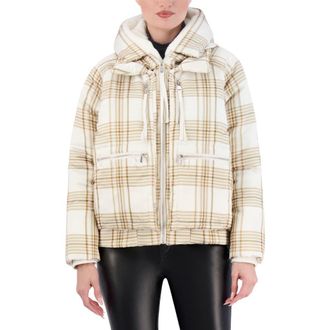 Ookie & Lala Plaid Faux Fur Lined Utility Crop Puffer Hooded Jacket in Cream Plaid at Nordstrom Rack, Size X-Large