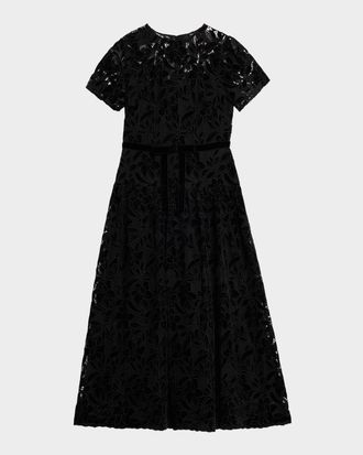 Shoshanna Farah Puff-Sleeve Velvet Lace Midi Dress