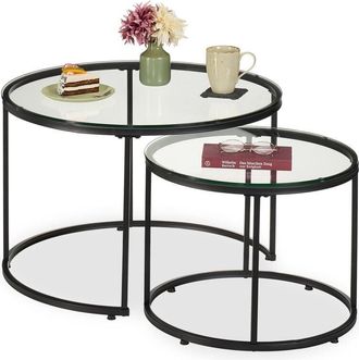 Relaxdays Relaxdays side tables, set of 2, glass & metal, round nesting tables, for the sofa, living room, transparent/black