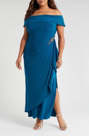 Alex Evenings Off the Shoulder Embellished Column Gown in Deep Teal at Nordstrom, Size 14W