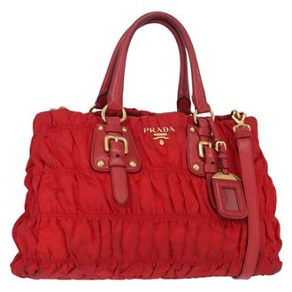 Prada Gaufre Convertible Tote Leather And Tessuto Red Nylon Handbag (Pre-Owned)