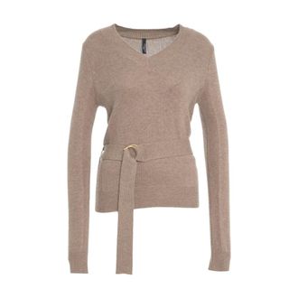 Guess V-neck Knitwear, female, Beige, Size: S Beige Knit V-Neck Sweater Aw25