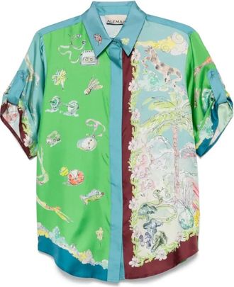 Alemais Zijden shirt in appelgroen met motiefprint - Dames - Overhemden - Veelkleurig - L - Overhemden