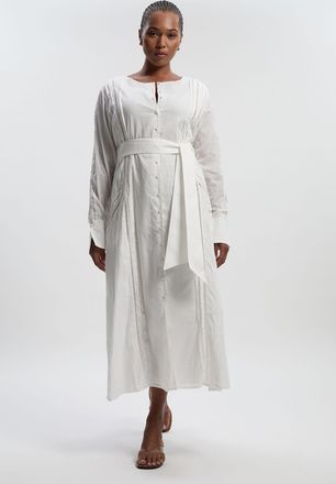 Karen Millen Womens Plus Size Cotton With Lace Trim Insert Woven Long Sleeve Midi Dress - White - Size 24 UK